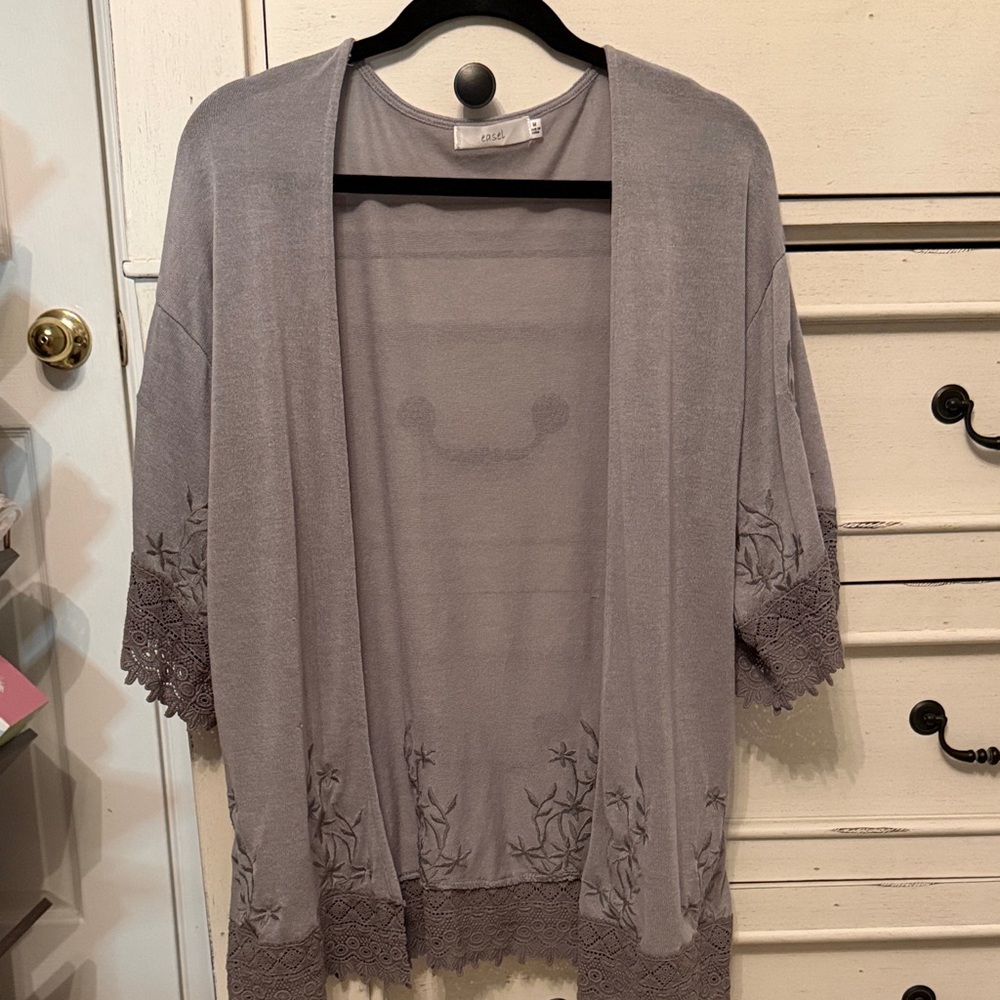 easel Lavender Gray Open Front Embroidered Lace-Trim Cardigan